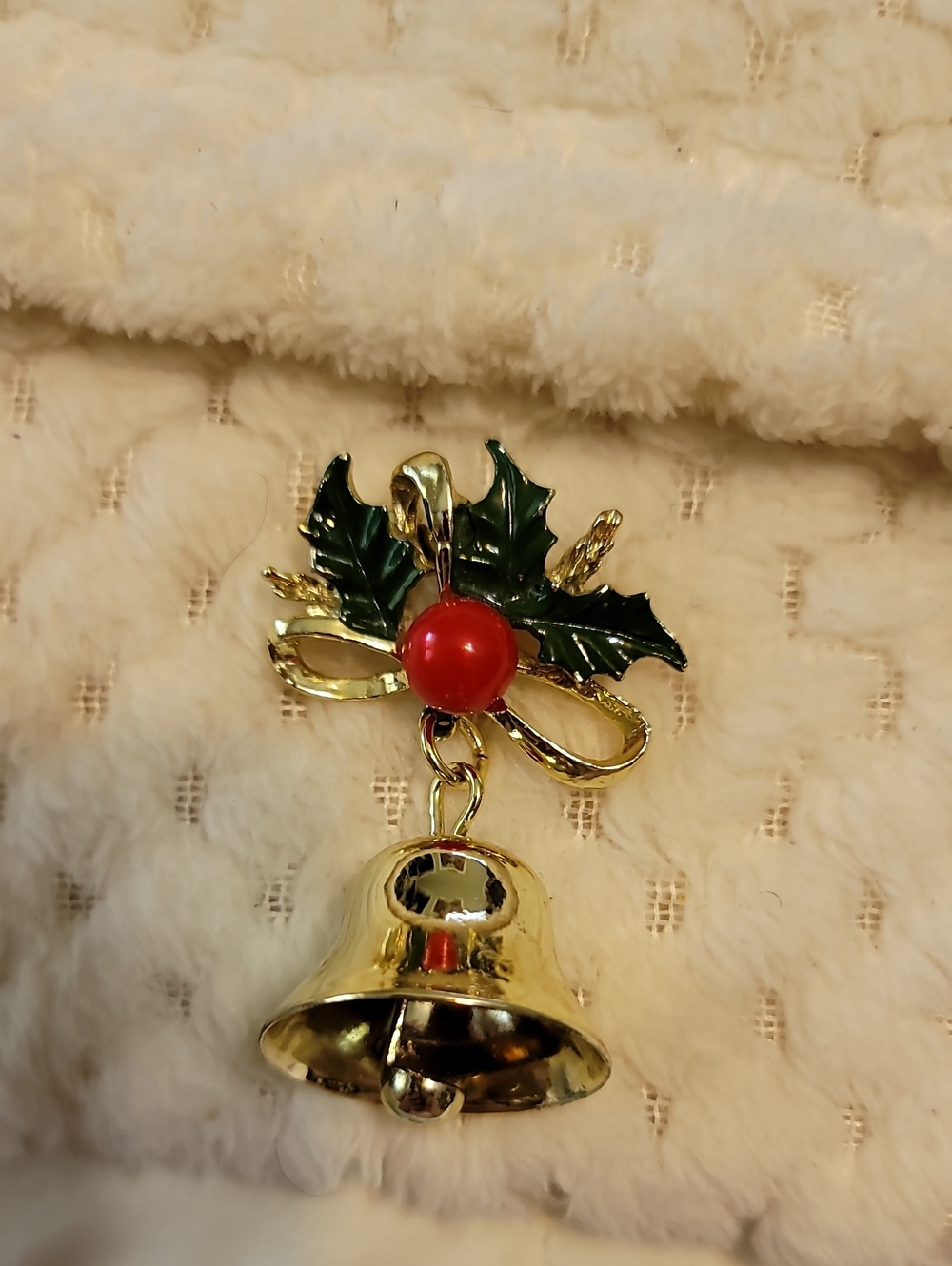 Golden Bell Holiday Brooch with Green Holly and Red Berry